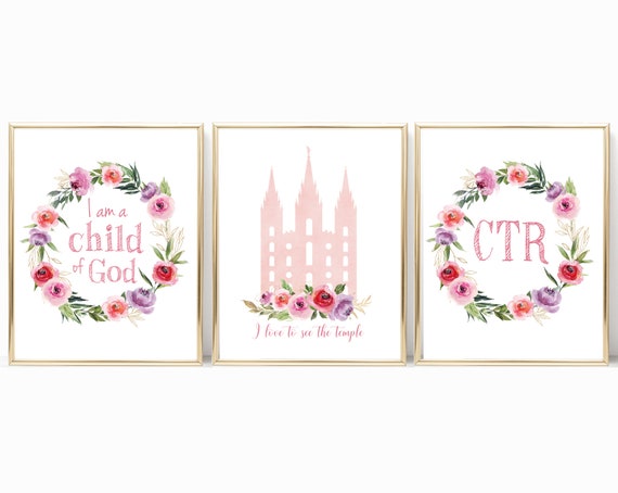 LDS Digital Print, Set of 3 print, I am a Child of God, lds Temple, ctr, Instant Download, pink lilac flowers, Girl Wall Decor, Girl Baptism