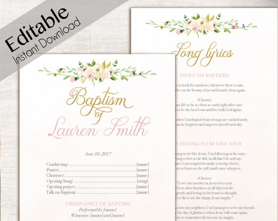 LDS Baptism Program Girl Printable Baptism Program Editable Template Floral Gold White Watercolor