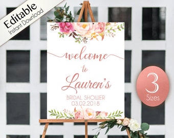 Op de afbeelding: Een afdrukbaar welkomsbord voor een bruidsdouche met een bloemenontwerp. Het bord zegt "Welkom bij Lauren's Bridal Shower 03.02.2018".