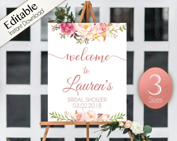 Welcome Sign Bridal Shower Template, Editable PDF ANY EVENT Bridal Baby Wedding Baptism Birthday Shower Sign Romantic Rose Gold Floral