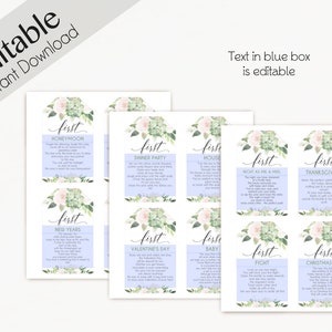 May include: Printable tags with floral designs and text that says "first" followed by a special occasion, such as "honeymoon", "dinner party", "house", "night as mr. & mrs.", "thanksgiving", "new years", "valentine's day", "baby", "first fight", and "christmas eve".