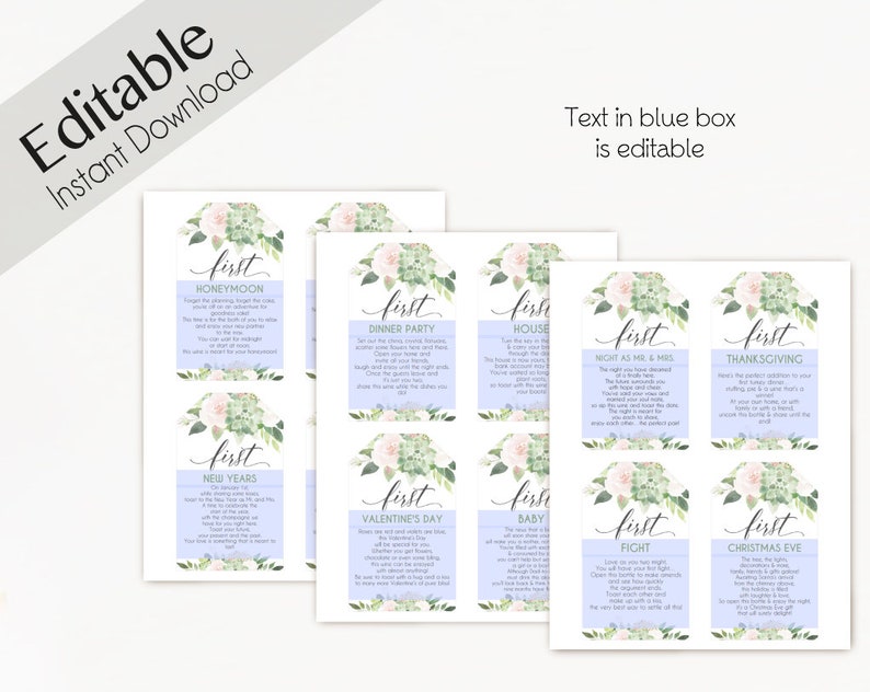 May include: Printable tags with floral designs and text that says "first" followed by a special occasion, such as "honeymoon", "dinner party", "house", "night as mr. & mrs.", "thanksgiving", "new years", "valentine's day", "baby", "first fight", and "christmas eve".