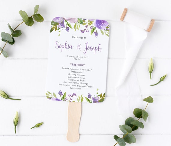 Wedding Program Fan Template, Lilac Lavender Purple Program Fan, Wedding Ceremony Fan, Instant Download, Editable Wedding Program, Corjl