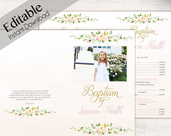 Baptism Program, Editable PDF, Printable Handout Girl Baptism, white pink flowers gold, photo, watercolor, Girl Baptism, Program Template