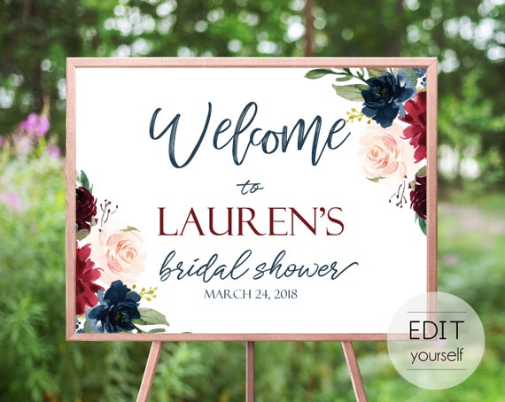 Welcome Sign Bridal Shower, Editable PDF, Blue Navy Marsala Burgundy Blush Floral, Editable sign, Editable welcome sign