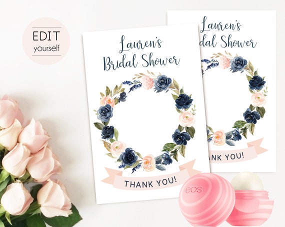 Editable EOS Lip Balm, Thank You Tags Floral, EOS tags, EOS Bridal Shower, Favors Bachelorette, Navy Blue Blush Rose Floral, Party Favor