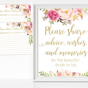Consejos, deseos y recuerdos para la novia, Blush Bloom Pink Gold Consejos, tarjetas y letreros de deseos y recuerdos, descarga instantánea de Bridal Shower