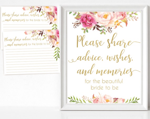 Advice, wishes and memories for the bride, Blush Bloom Pink Gold Advice, wishes and memories cards and sign, Bridal Shower instant download