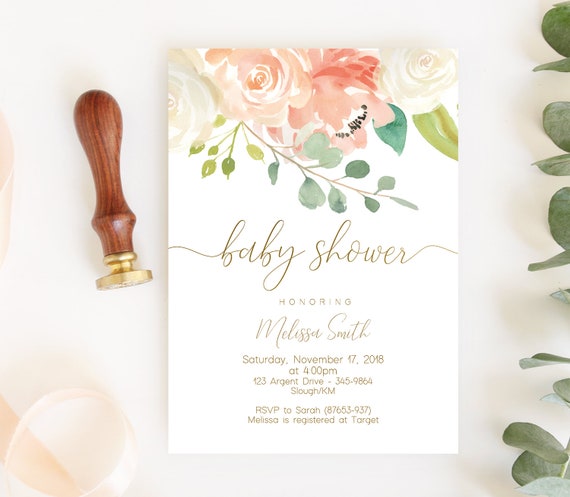 Peach Baby Shower Invitation, Editable Baby Shower invitation, Baby Shower Invitation Template, Greenery Baby Shower Invitation