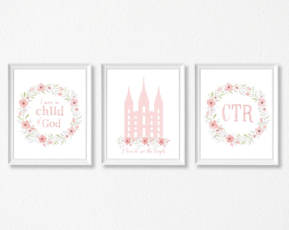 LDS Digital Print, Set of 3 print, I am a Child of God, lds Temple, ctr, Instant Download, pink flowers, Girl Wall Decor, Girl Baptism