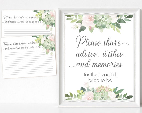 Advice, wishes and memories for the bride, Succulent Greenery Dusty Rose Flower, Advice, wishes and memories card and sign, instant download