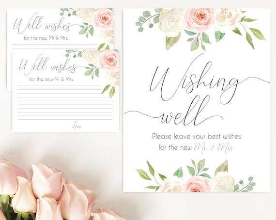 Wishing well sign, Blush White Pink, well wishes cards and sign, Bridal Shower Wishes for the new mr mrs card template, instant download