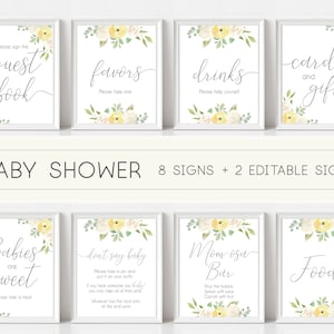 Letrero de baby shower, paquete de letreros de baby shower, floral blanco y amarillo, letrero editable, impresión digital de decoración de baby shower, baby shower unisex