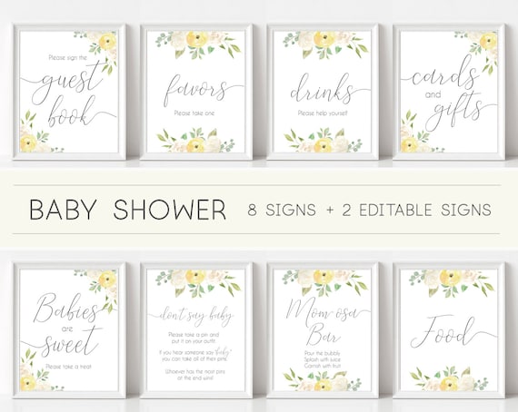 Baby Shower Sign, Baby Shower Sign Bundle, white and yellow Floral, Editable Sign, Baby shower Decor Digital Print, Baby shower unisex