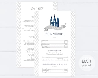 Baptism Program, Editable Program, LDS Printable Digital Handout boy Baptism, Navy, Grey, watercolor, Baptism Template, Corjl