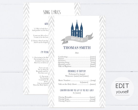 Baptism Program, Editable Program, LDS Printable Digital Handout boy Baptism, Navy, Grey, watercolor, Baptism Template, Corjl