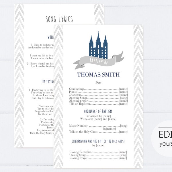 Baptism Program, Editable Program, LDS Printable Digital Handout boy Baptism, Navy, Grey, watercolor, Baptism Template, Corjl