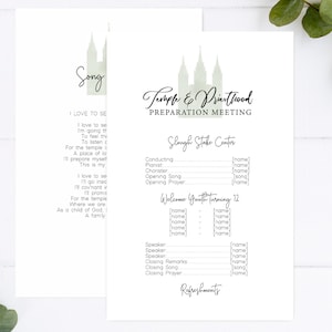 May include: A black and white printable template for a Temple and Priesthood Preparation Meeting. The template includes a title, a list of roles and names, and a welcome section for youth turning 12. The template also includes a section for refreshments.