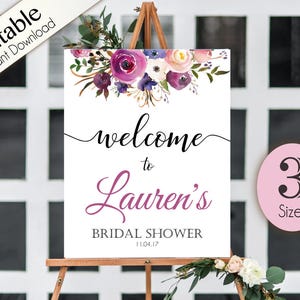 Welcome Sign Bridal Shower Template, Editable PDF, ANY EVENT, Bridal Baby Wedding Baptism Birthday Shower Sign, Lavender Purple Floral image 1