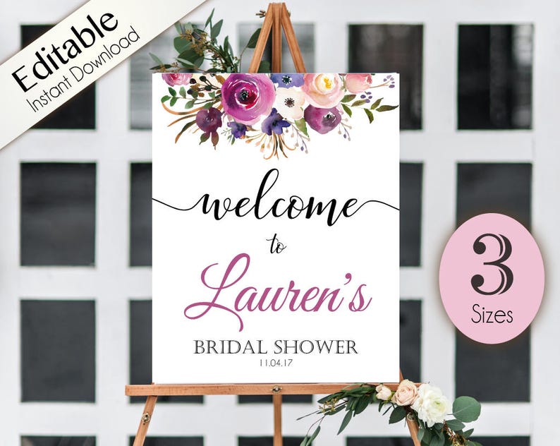 Welcome Sign Bridal Shower Template, Editable PDF, ANY EVENT, Bridal Baby Wedding Baptism Birthday Shower Sign, Lavender Purple Floral image 1