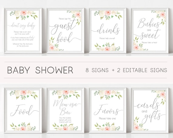 Baby Shower Sign, Baby Shower Sign Bundle, white blush pink Rose Floral, Editable Sign, Baby shower Decor Digital Print