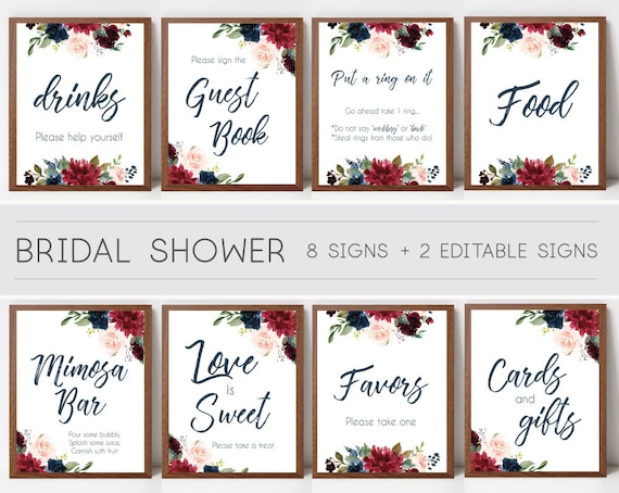 Bridal Shower Sign Set, Bridal Shower Sign Package Bundle,Printable Bridal Tea Blue Navy Marsala Burgundy Blush Floral Sign Editable Sign