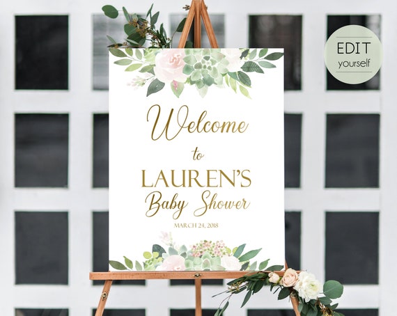 Succulent Welcome Sign Baby Shower, Template Baby Shower, Editable PDF, Welcome Baby Shower Sign, Succulent Dusty Rose Flowers Gold