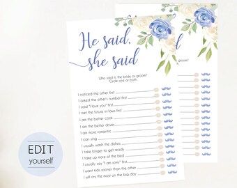 Blue Floral He Said She Said Bridal Shower Game (Digital Download)