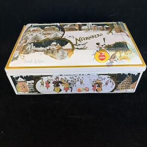 May include: A rectangular white metal tin featuring a winter scene of Nuremberg, Germany. The lid displays snowy landscapes and the text NÜRNBERG and Fest. The side shows people ice skating in a park with the text Insel Schütt and Schmidt.