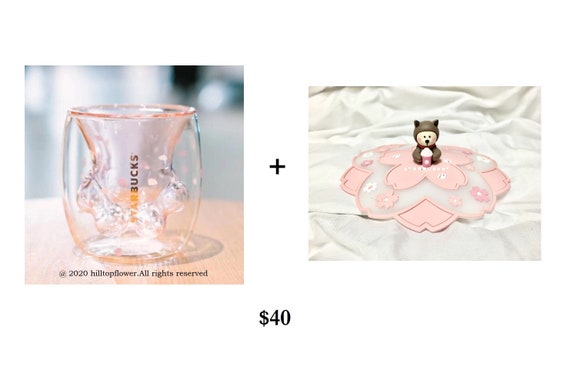 Kawaii Cat Paw Double Walled Coffee Glass Cup Milk Tea Cute Gift Sakura  Petals