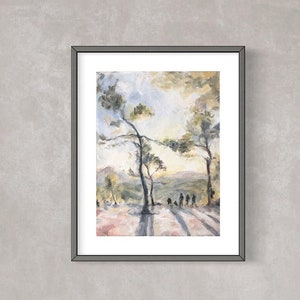 Sunrise overlooking mountain trees oil painting fine art print sunset people