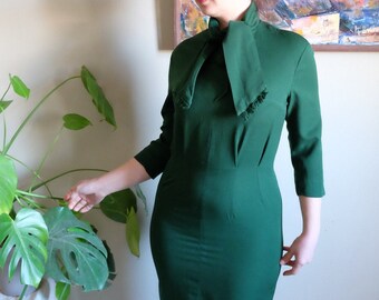 Vintage 50s dress bow neck bracelet sleeve sheath green dress small