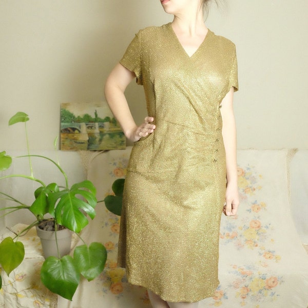 Prago Moda rare 50s vintage dress golden scales cape sleeve draped evening dress m