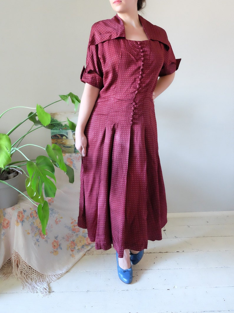 Vintage 50s dress burgundy red satin dress dot pattern half sleeve event mid century dress medium large M L