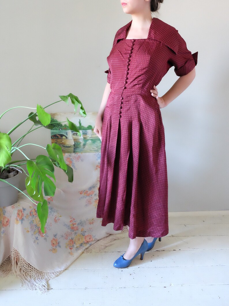Vintage 50s dress burgundy red satin dress dot pattern half sleeve event mid century dress medium large M L