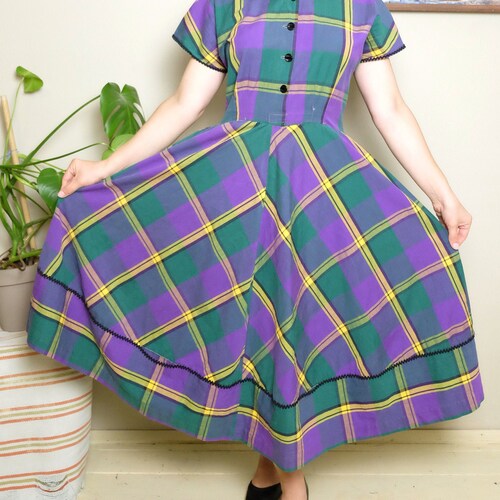 Vintage 50s tartan plaid dress with short sleeve shops cotton day dress m