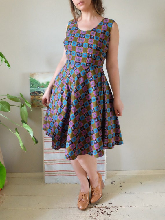 Vintage 1950s 1960s Dress Sleeveless Gingham Barkc