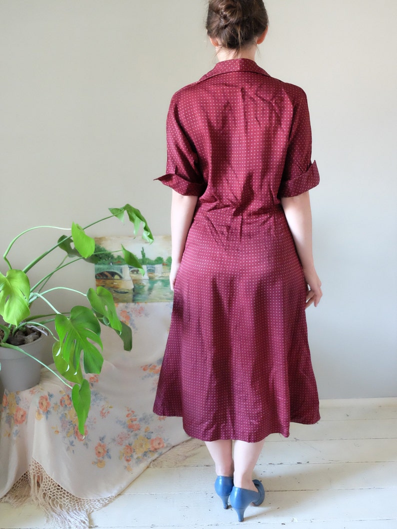 Vintage 50s dress burgundy red satin dress dot pattern half sleeve event mid century dress medium large M L