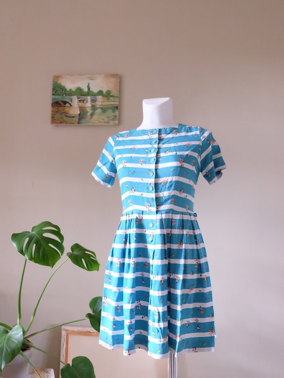 Rare St Michael Vintage 50s dress blue white strip
