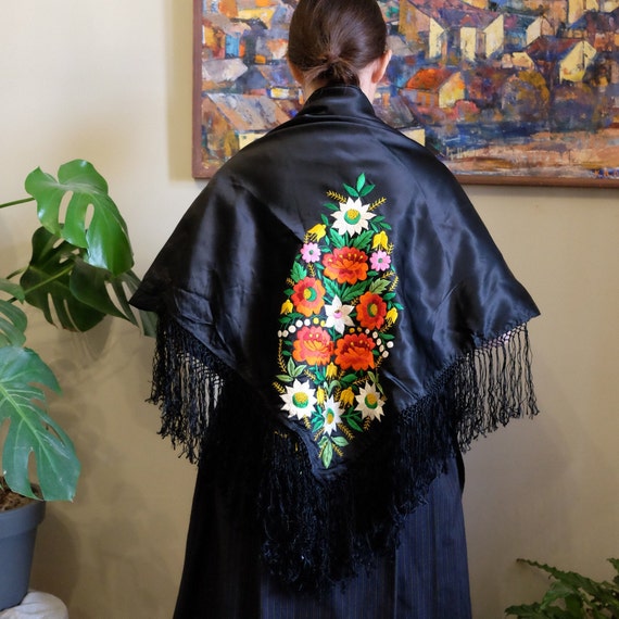 Vintage style black satin shawl with floral embroi