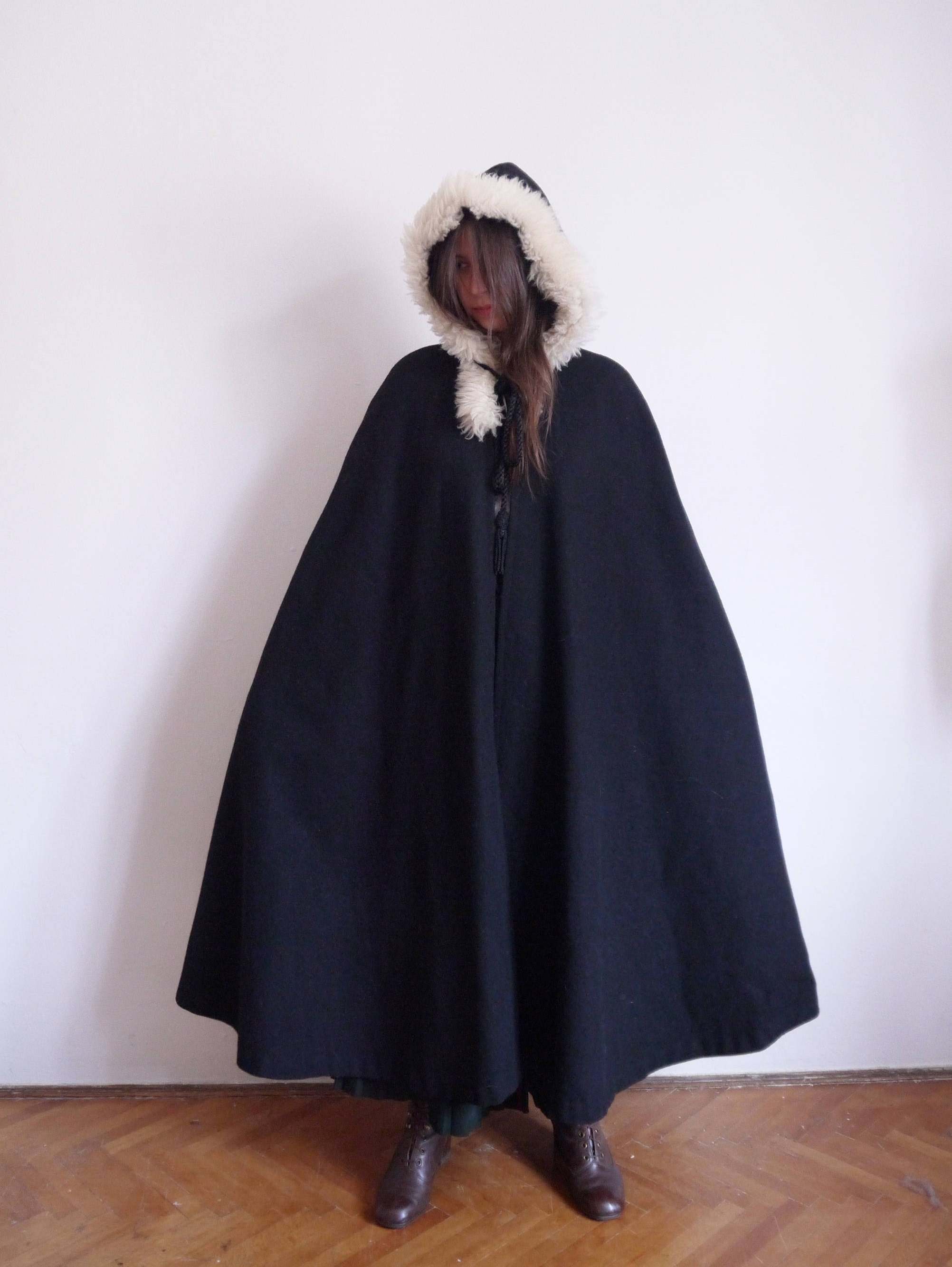 Vintage Black Cape with Fur Hood Wool 1950s 1960s Winter Coat Etsy