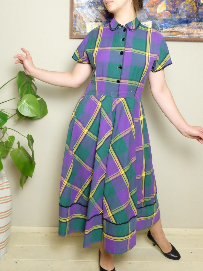 Vintage 50s tartan plaid dress with short sleeve shops cotton day dress m