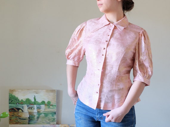Vintage 50s blouse pink gold brocade blouse puffed