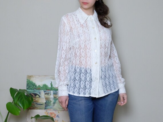 Vintage shirt 60s 70s blouse white lace transpare
