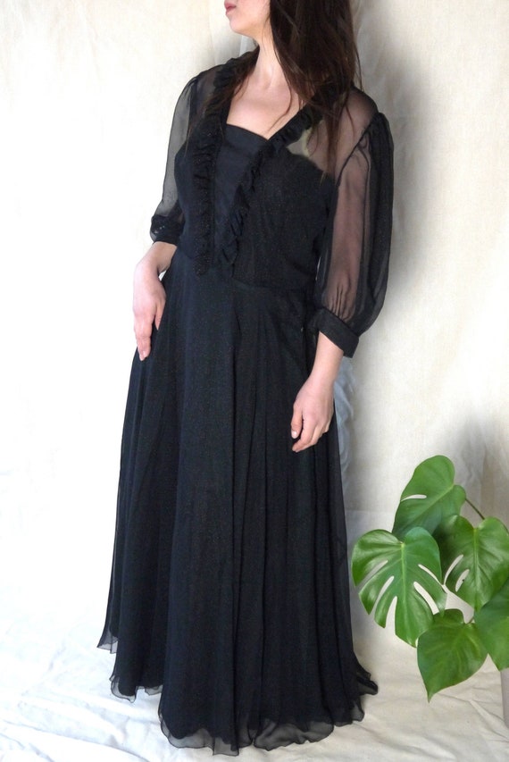 Vintage 1940s 1950s Black Chiffon dress golden dot