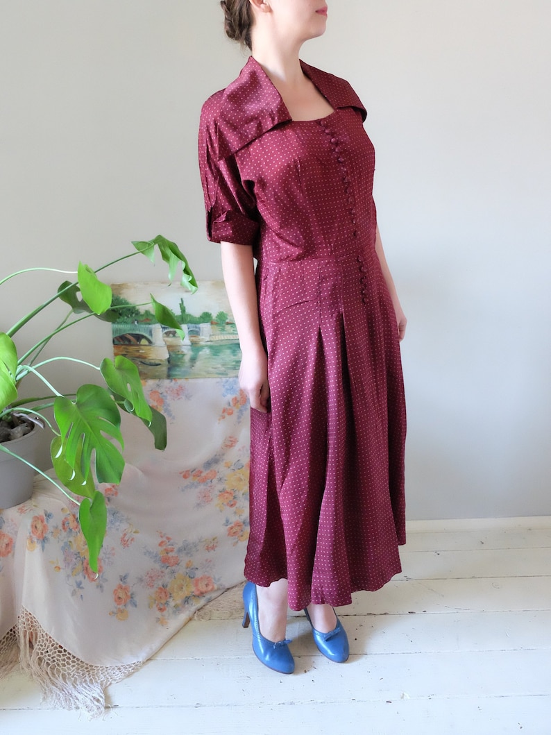 Vintage 50s dress burgundy red satin dress dot pattern half sleeve event mid century dress medium large M L