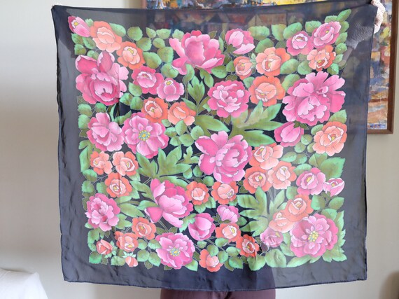Vintage chiffon scarf 40s 50s black floral hand pr