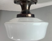 Vintage Signed Williamson Brass Collar Fixture with Original Schoolhouse Shade
