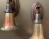 Pair of Art Nouveau Wall Sconces with Steuben Gold Aurene Shades