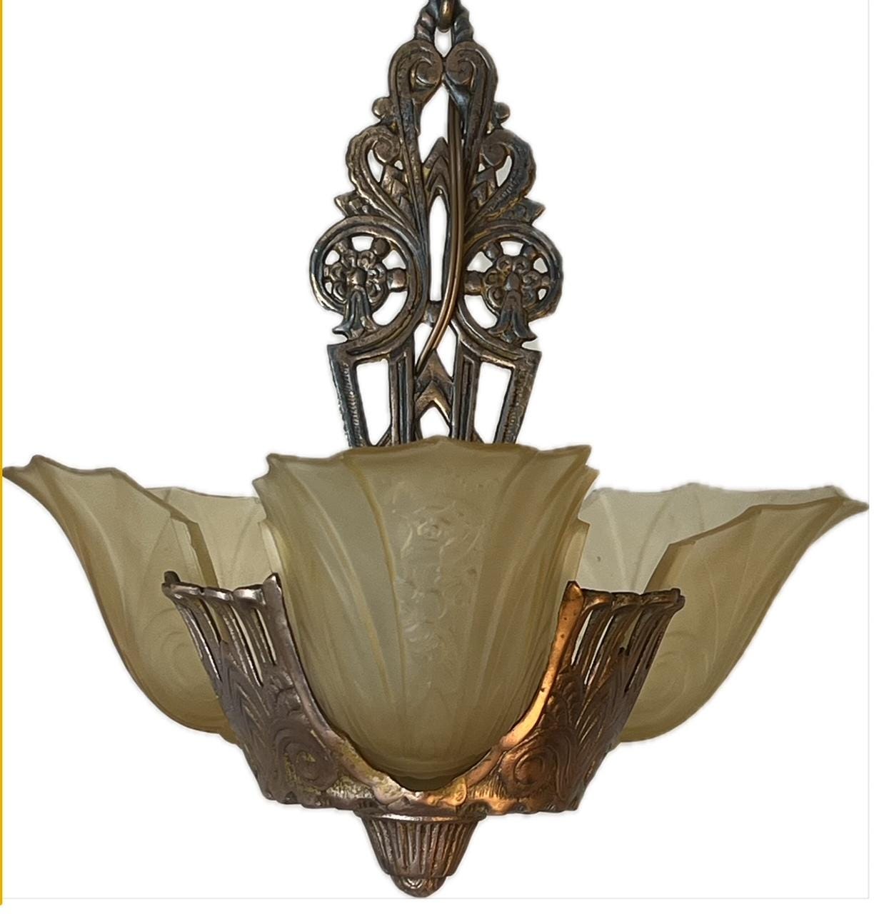 Art Deco “Markel” Slip Shade Fixture w/ Polychrome Finish